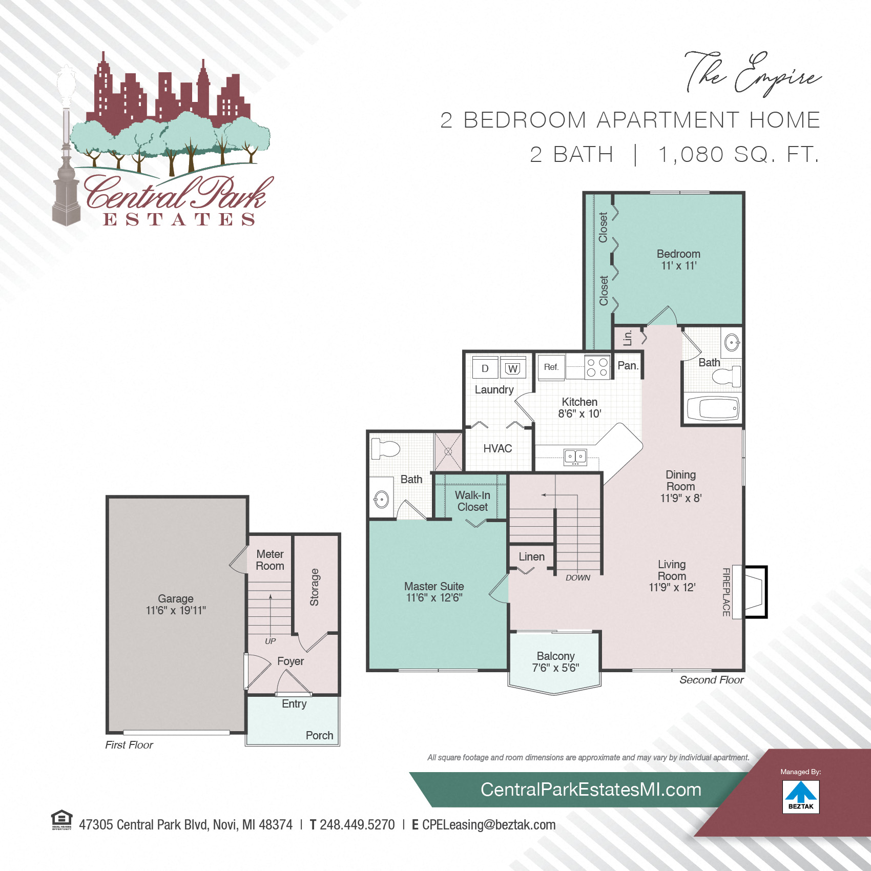 Floor plan for 2 beds, 2 baths, 1080 sqft